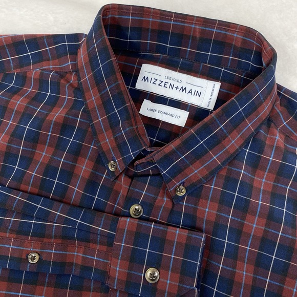 Mizzen Main Plaid Stretch Leeward Collection Shirt Large Red Spandex Mix - Picture 1 of 8